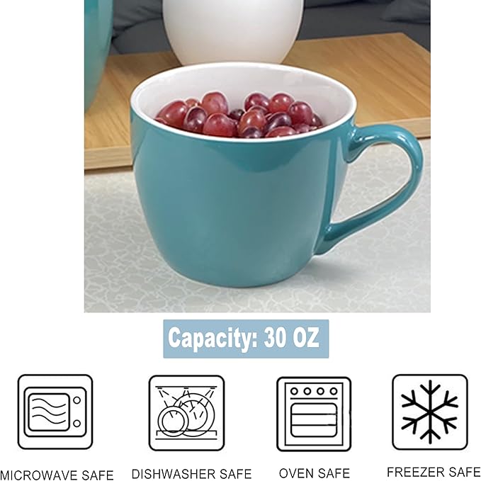 MECOWON 30 OZ Porcelain Coffee Mugs, Set of 2 Large Mugs for Soup, Cereal and Salad (Teal (bluish - green))