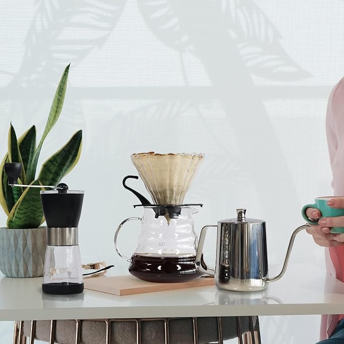 SOTECH Pour Over Coffee Maker Set with Black Gooseneck Kettle Wooden Filter Holder Coffee Dripper Glass Server with Paper Coffee Filters,DIY Manual Coffee Maker Set (Eco-Setbag)