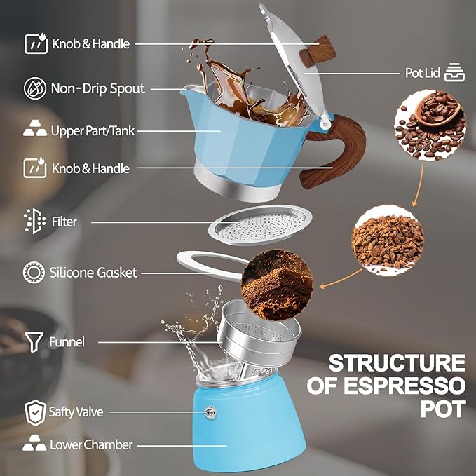 Aluminum 6 Cup 300ml Moka Pot Express Coffee Maker Stovetop Espresso Colorful Coffeemaker Italian Classic Style Brewing Greca Cafe Mocha Machine for Cafeteras Lover Camping Travel and Home Use 10oz