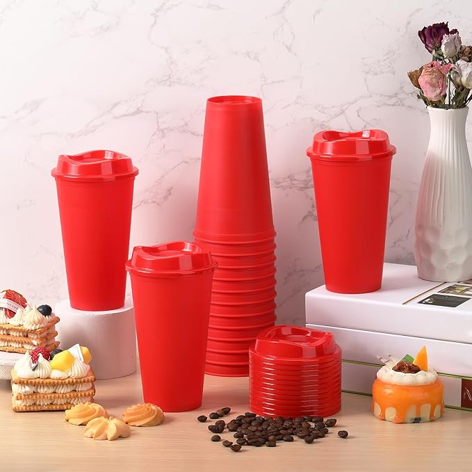 Domensi 15 Pack Reusable Coffee Cups with Lids 16 oz Disposable Travel Cups Bulk Plastic to Go Coffee Tumblers for DIY Hot Cold Drink Party Favors Coworker, Microwaveable (Red)