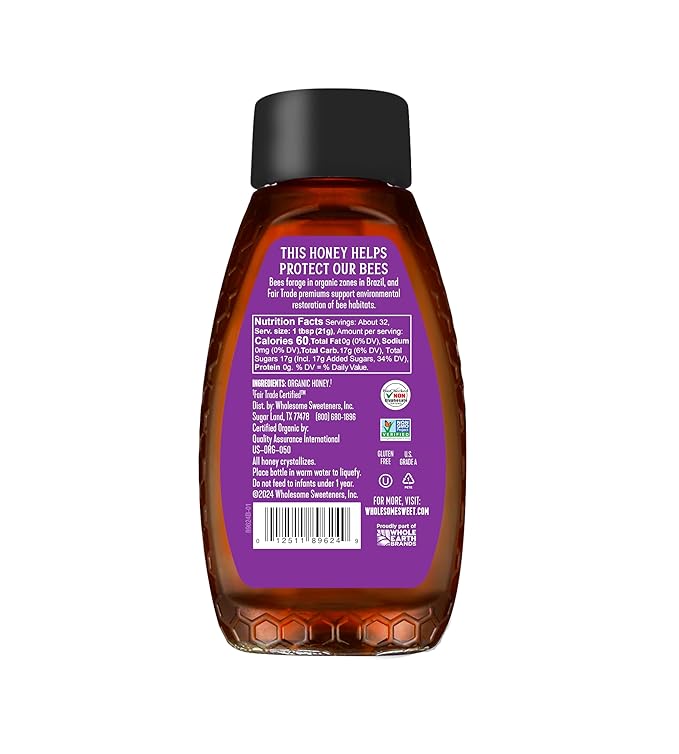 Wholesome Sweeteners 24-Ounce Organic Raw Unfiltered Honey Bottle, 100% Pure, Fair Trade Certified, Non GMO Project Verified, & Gluten Free, 1 Pack
