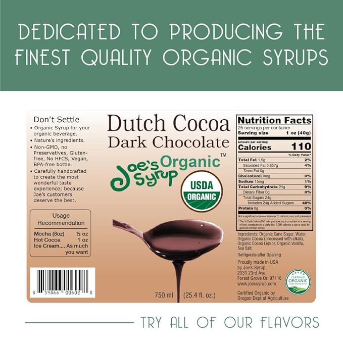 Joe’s Syrup Organic Flavored Syrup, Organic Dutch Cocoa Dark Chocolate Sauce, 750 ml (3 Pack)