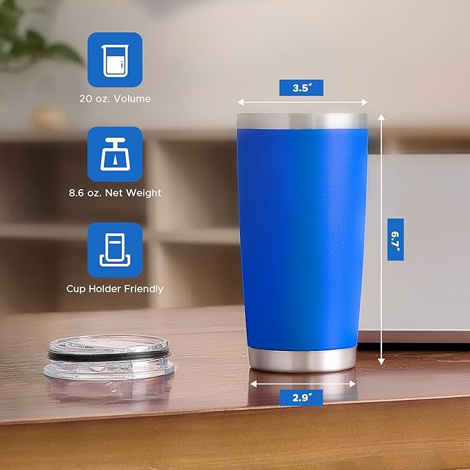 OMTech 20oz Tumblers Bulk, 6pc Stainless Steel Tumbler Set with Lid & Straw, Double Wall Vacuum Insulated Mug for Laser Engraver, Travel Coffee Mug for Hot & Cold Drinks, Navy Powder Coated Cup