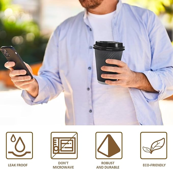 100 Pack 12 oz Disposable Coffee Cups with Lids, Insulated Ripple Wall To-Go Paper Coffee Cups Suitable for Chocolate Cocoa and Hot/Cold Drinks (Grey)