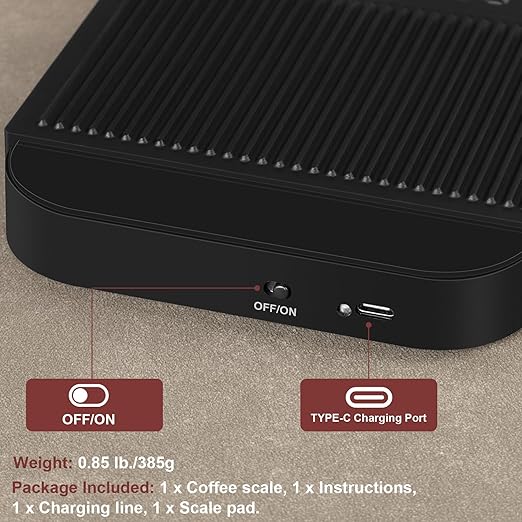 Coffee Scale with Timer, Kitchen, Digital, Rechargeable, Glass Mirror Design, for Pour-Over Barista, 0.3-3000g/0.1g