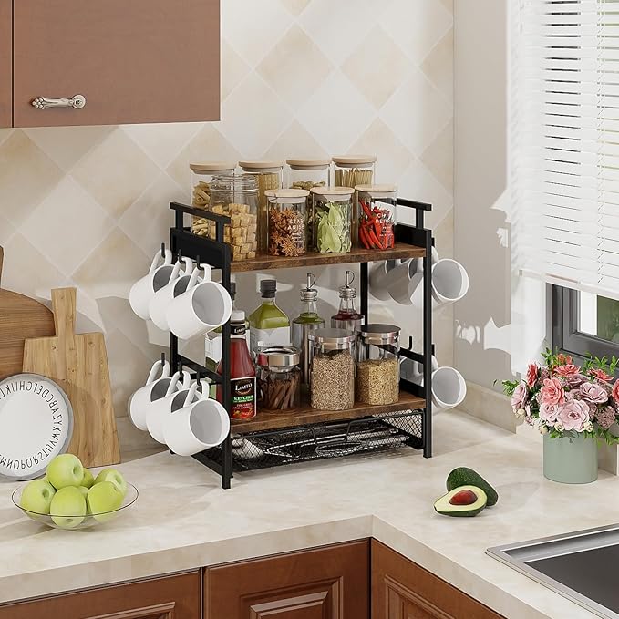 Coffee Bar Organizer, 3 Tier Coffee Station Organizer for Countertop, Mug Cup Holder Stand with 12 Hooks, with K Cup Storage Drawer, Tea Organizers Accessories for Home Office