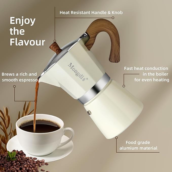 Mongdio Stovetop Espresso Maker Moka Pot, Cuban Coffee Maker Stove top coffee maker Moka Italian Espresso Greca Coffee Maker Brewer Percolator, 9 Espresso Cups, 15 oz - White