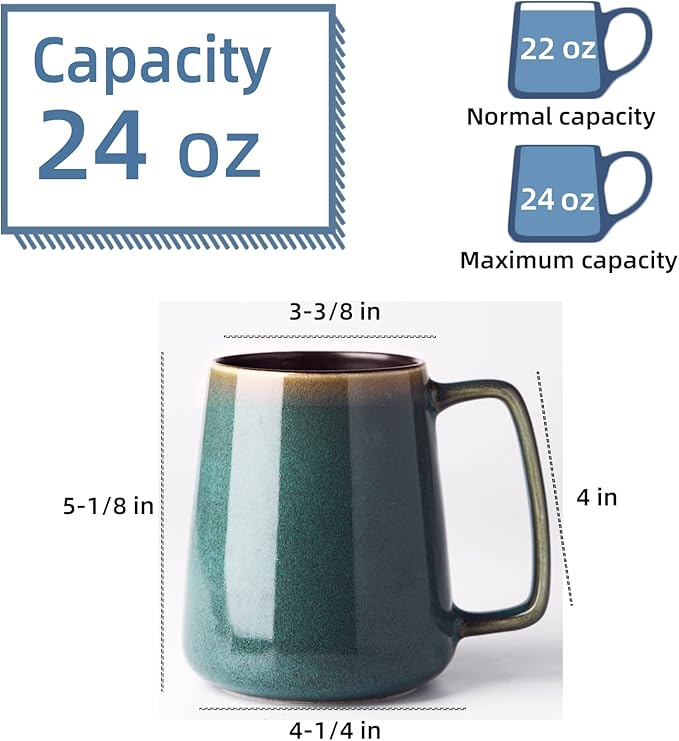 24 oz Large Ceramic Coffee mugs, Extra Large Tea and Coffee Cups, Large Handle Coffee Mug for Office and Home, Microwave and Diahwasher Safe. (24 oz green)