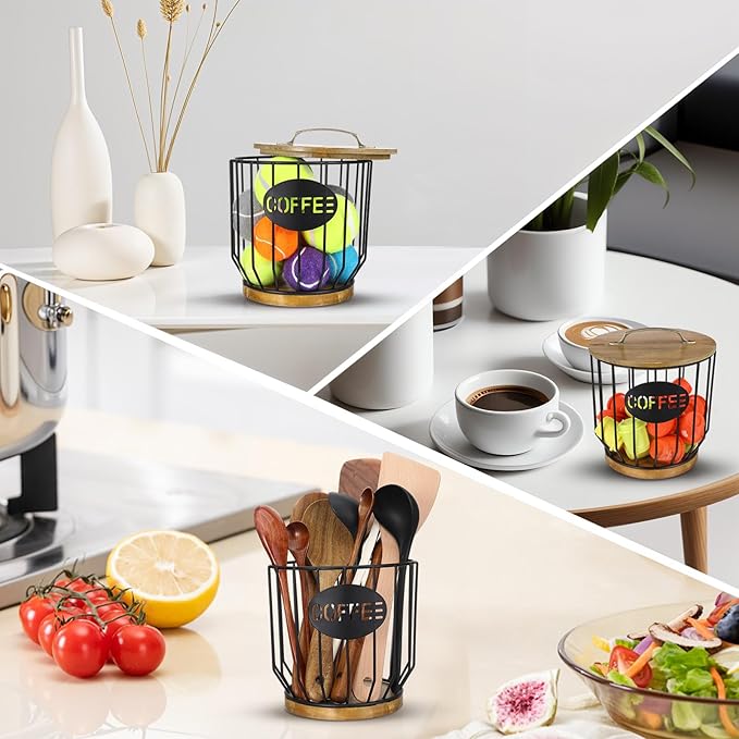 Coffee Filter Holder with Lid, Vintage Metal Coffee Bar Accessories, Coffees Filter Holders for Counter Storage Basket (Black)