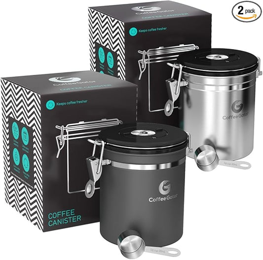 Coffee Gator Coffee Canister, 2pack 16oz Airtight Stainless Steel Kitchen Food Storage Container with Date Tracker, Scoop for Grounds Coffee Bar Accessories, Beans, Tea, Sugar, Flour - Gray&Silver