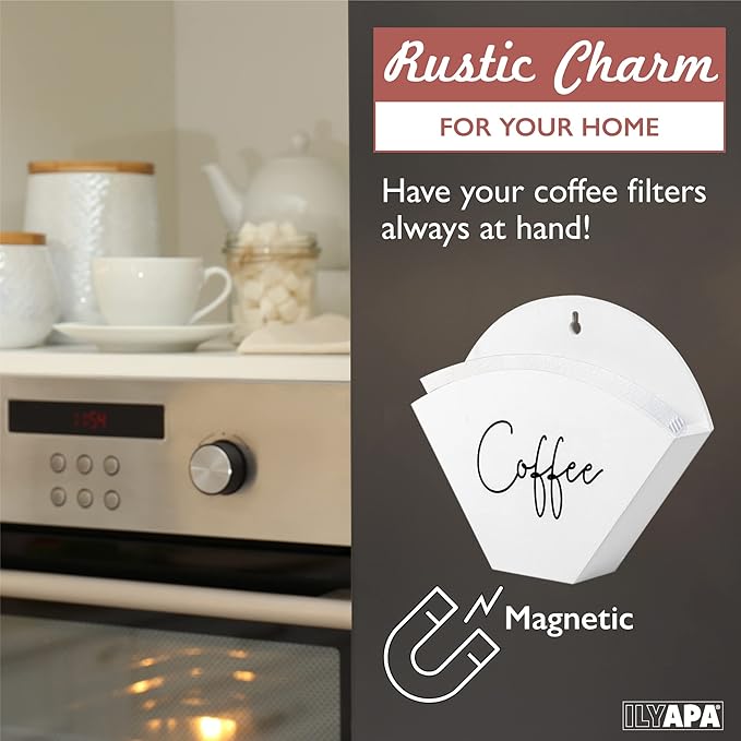 Ilyapa Wooden Cone Coffee Filter Holder, White Wall-Mounted Containers, Magnetic Farmhouse Style Coffee Filter Storage Organizer for Kitchen, Fridge, Bar