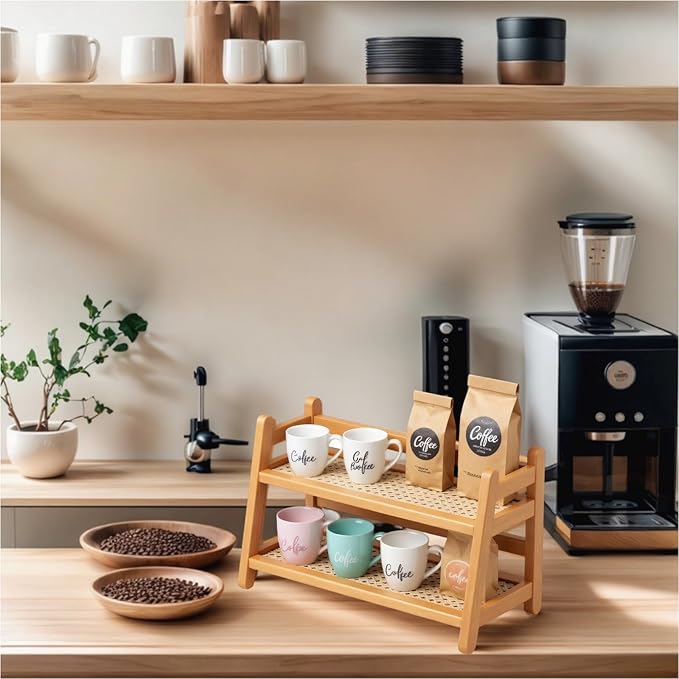 2-Tier Coffee Station Organizer, Bamboo Coffee Cup Holder for Counter top, Vintage Mug Organizer, Rustic Mug Holder for Kitchen