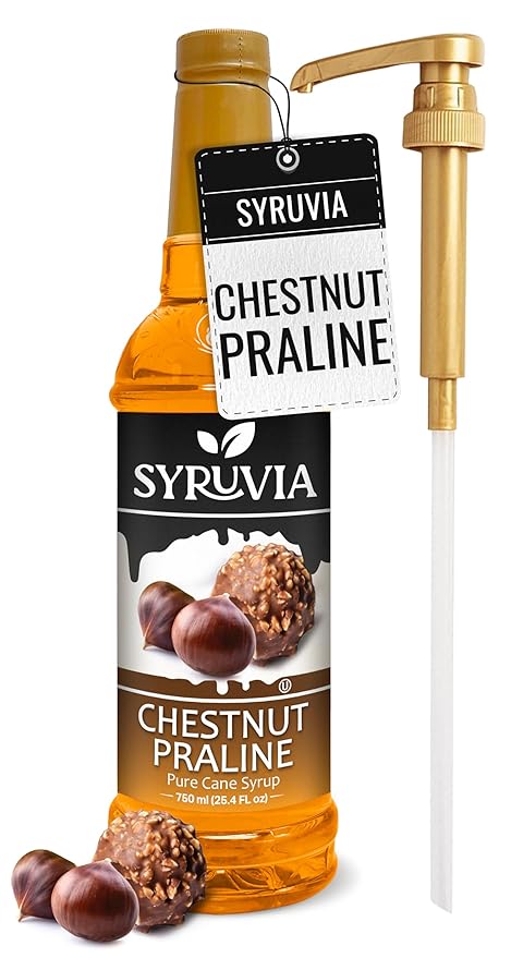Syruvia Coffee Syrup, Chestnut Praline Flavored Syrup for Drinks, Lattes, and Desserts – 25.4 fl oz, With Pump