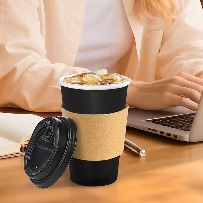 Lamosi 100 Pack 16 oz Disposable Coffee Cups with Lids and Sleeves, Black Leak-Proof To Go Coffee Cups with Lids, Hot/Cold Beverage Black Drinking Cup for Home, Office, Parties, Travel