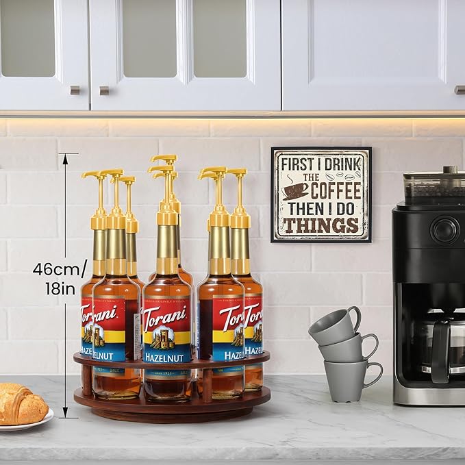 THYGIFTREE Large Rotating Coffee Syrup Organizer 9 Bottles Coffee Syrup Rack for Countertop Wood Syrup Bottle Holder Stand for Coffee Bar Station, Turntable Wine Display Tray, Brown