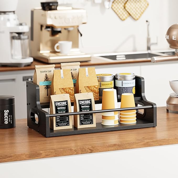 KLM Liquor Bottle Display Shelf, Coffee Syrup Rack Organizer, 2 Step Countertop Liquor Wine Rack, Mini bar,Liquor Cabinet, Home Retro Bar Shelf Stand for Liquor Whiskey, Spirits, (Black)