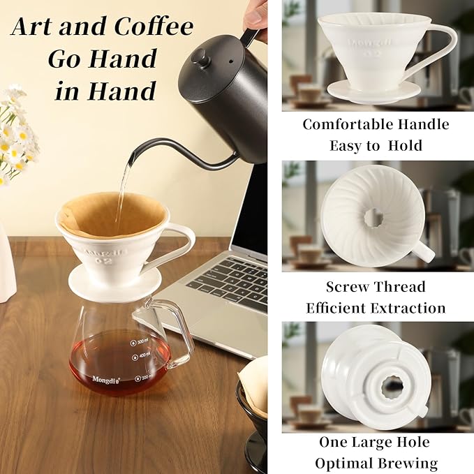 Mongdio V60 Ceramic Pour Over Coffee Dripper, Reusable Porcelain Portable Pour Over Coffee Maker, Slow Brewing Accessories with 1 Holes for Home - Size 02 White