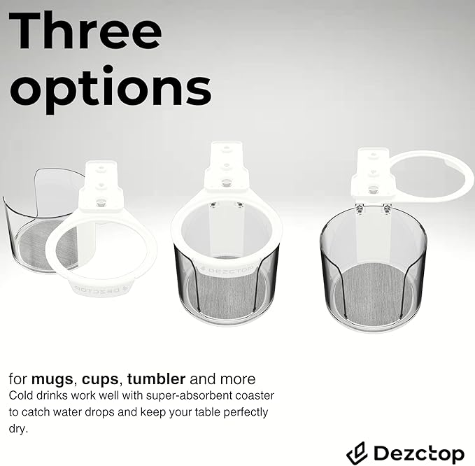 Dezctop Rotating Under Desk Cup Holder Plus with Absorbent Pad, Anti-Spill Swivel Design, Fits Mugs, tumblers, and Cups, Perfect for Gaming or Office Desks, White