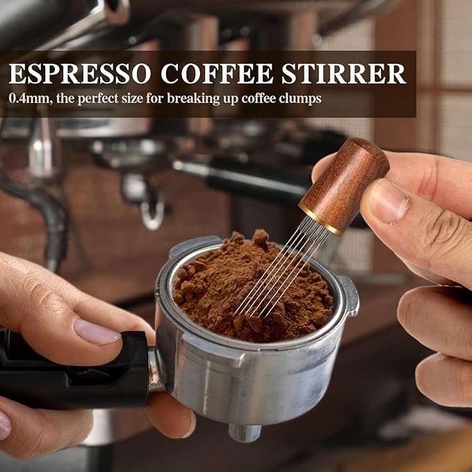 Espresso Coffee Stirrer 6 Needles, Espresso Distribution Tool with Natural Wood Handle and Base, Stainless Steel Latte Art Pen Barista Tools Espresso Accessories Kit for Home Cafe