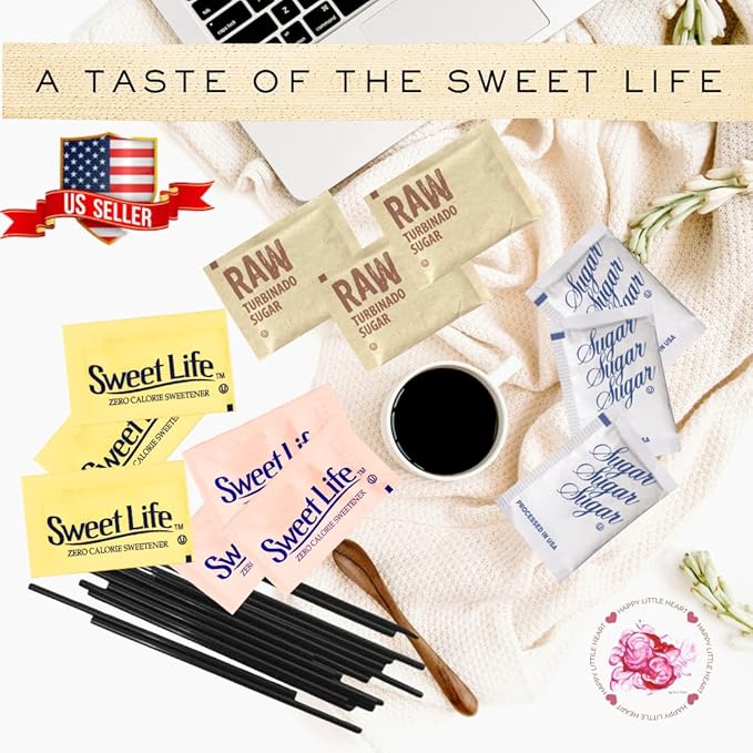 Happy Little Heart Sugar & Sweetener Assortment Packets - Sucralose, Saccharin, Brown Sugar, Pure Cane Sugar & HLH Sip and Stir Coffee Stirrers (400 Pack) - Perfect for Home, Office, Coffee Shops, Bars & Gifts!"