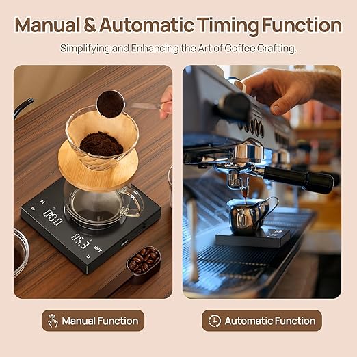 Meilen Mini Espresso Coffee Scale with Timer - 0.1g Precise Graduation, USB Rechargeable, 6 Weight Units, Ultra-Thin 2kg Digital Scale for Espresso, Pour Over, Drip, Kitchen (Black) (1)