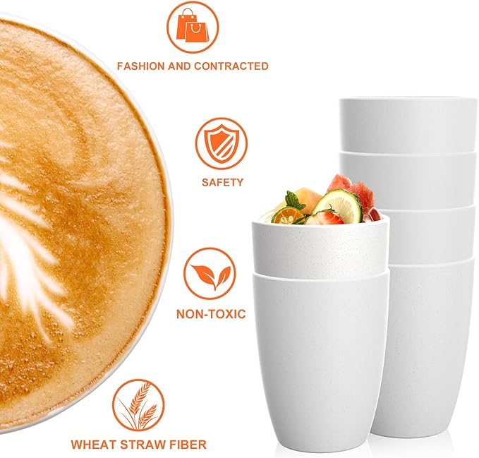 Homienly Wheat Straw Drinking Glasses, 12 OZ Alternative to Plastic Cups Set of 6, Reusable Drinking Cups for Kitchen, Outdoor, Unbreakable Lightweight Water Tumblers, Dishwasher Safe Cup Set(White)