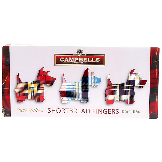 Campbells Shortbread Fingers Tartan Dog Carton 5.3 Oz (150g) - Pure Butter Scottish Shortbread Cookies from Scotland, British Tea Biscuits & Snacks, Crumbly All-Butter Fingers, Cookie Gift Box