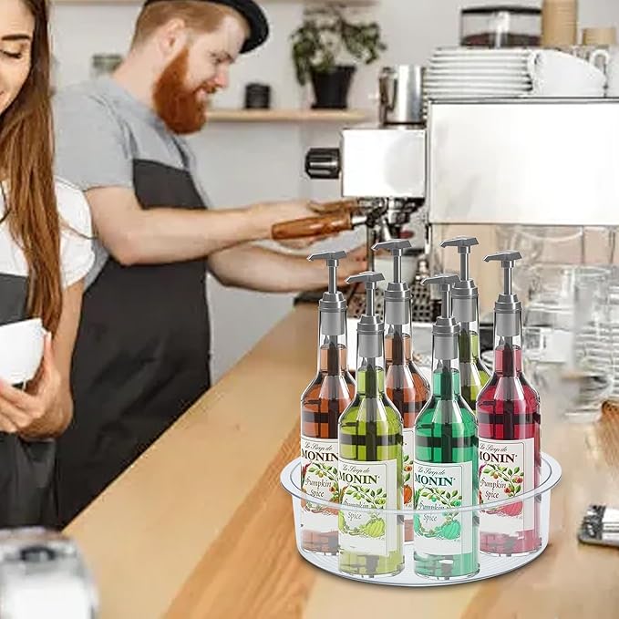 Rotating Coffee Syrup Organizer,7 Bottle Syrup Rack,Small Wine Rack for Coffee Bar,Clear Plastic Spinning Display Stand for Syrup Wine Dressin