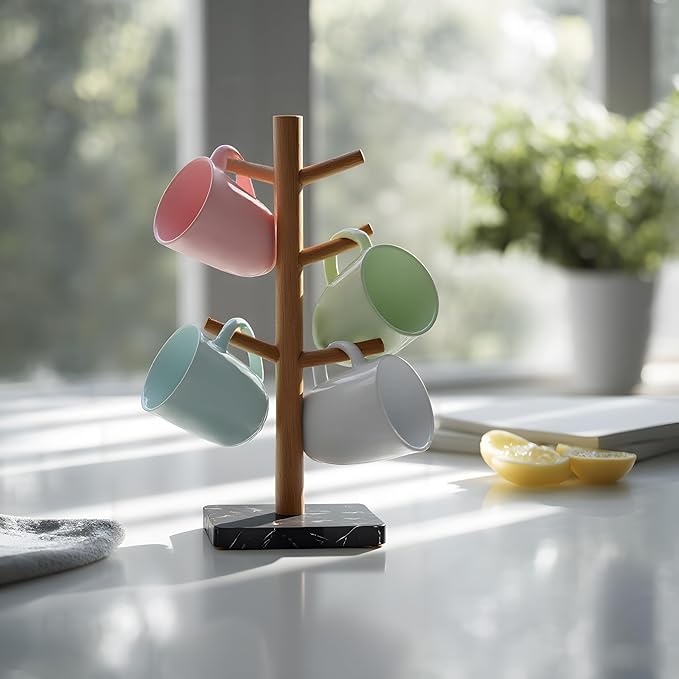 Buruis Wood Mug Holder, Marble Base Cup Rack Tree, Kitchen Coffee Mug Tree Countertop Tea Cups Holder Stand, Coffee Cup Dryer with 6 Hooks (Black)