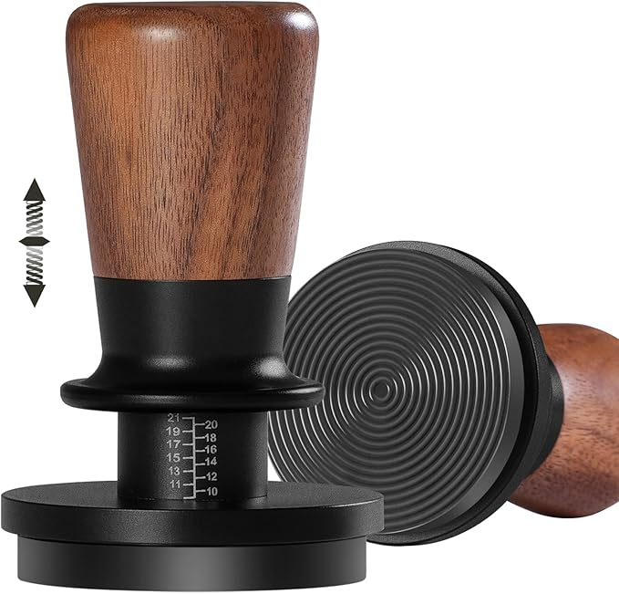 PUSEE 58mm Espresso Tamper,Calibrated Tamper with 30lbs Double Spring Loaded Tamper Walnut Wood Coffee Tamper for Barista Home,Titanium PVD Coating Base Tamper Espresso Tool Fits 58mm Portafilters