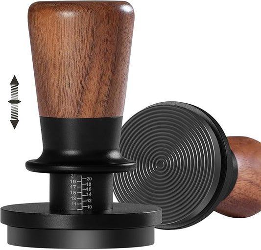 PUSEE 58mm Espresso Tamper,Calibrated Tamper with 30lbs Double Spring Loaded Tamper Walnut Wood Coffee Tamper for Barista Home,Titanium PVD Coating Base Tamper Espresso Tool Fits 58mm Portafilters