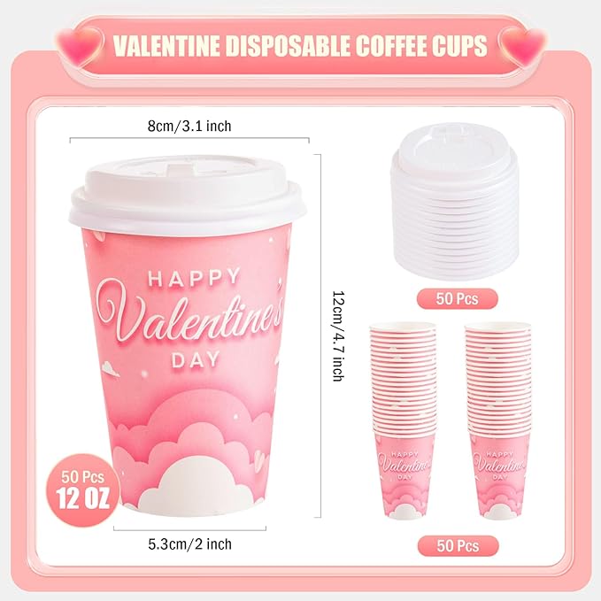 FOBSME 50 Pcs Valentine Disposable Coffee Cups With Lids 12oz Pink Cloud Heart Paper Cups Happy Valentine’s Day Drinking Cups for Wedding Anniversary Party Supplies