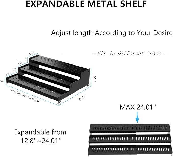 Expandable Spice Rack organizer with 3-Tier step shelf,Modern Design heavy duty,Non Skid and Visibility,Great for Kitchen Cabinet, Pantry and more(3PACKS/GUN-GREY)