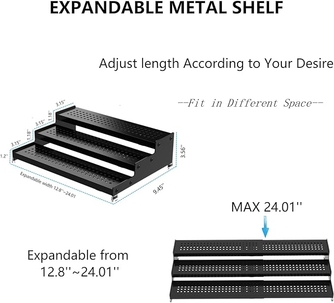 Expandable Spice Rack organizer with 3-Tier step shelf,Modern Design heavy duty,Non Skid and Visibility ,Great for Kitchen Cabinet,Bathroom,dressing table,Cupboard, Pantry and more(2PACKS/BLACK)