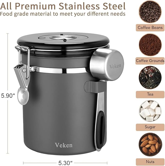 Veken Coffee Canister, Airtight Stainless Steel Kitchen Food Storage Container with Date Tracker and Scoop for Beans, Grounds, Tea, Flour, Cereal, Sugar, 16OZ, Gray