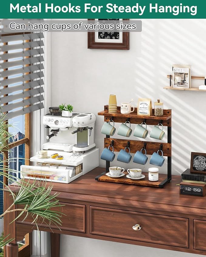 IBUYKE Rustic Coffee Mug Holder Stand, 2 Tier Countertop Mug Tree Holder Rack with Storage Base, Vintage Mug Holders for Kitchen, Holds 8 Mugs, Rustic Brown UTBJ002H