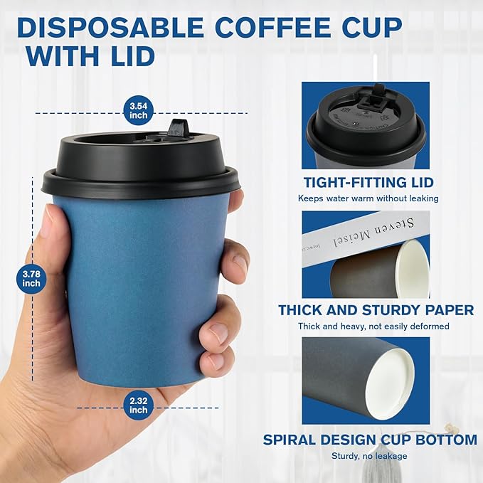 LITOPAK 100 Pack 10 oz Disposable Paper Coffee Cups with Lids for Coffee, Water, Juice, or Tea, Blue and Gray Hot Paper Cups for Home, Restaurant, Store, and Cafe
