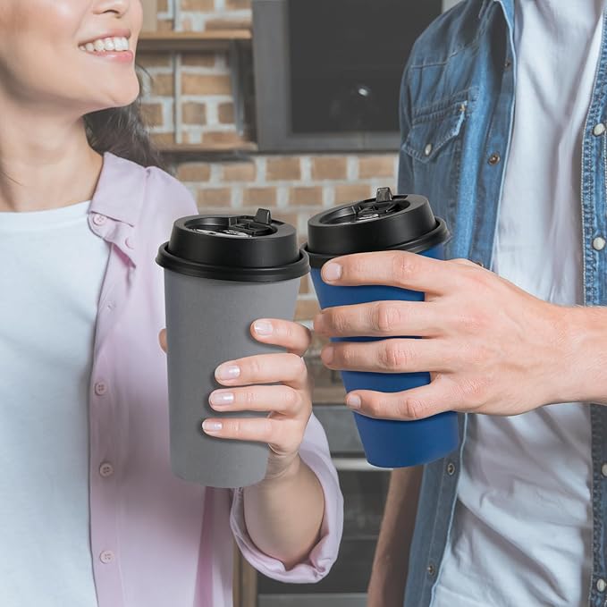 LITOPAK 100 Pack 16 oz Disposable Paper Coffee Cups with Lids for Coffee, Water, Juice, or Tea, Blue and Gray Hot Paper Cups for Home, Restaurant, Store, and Cafe