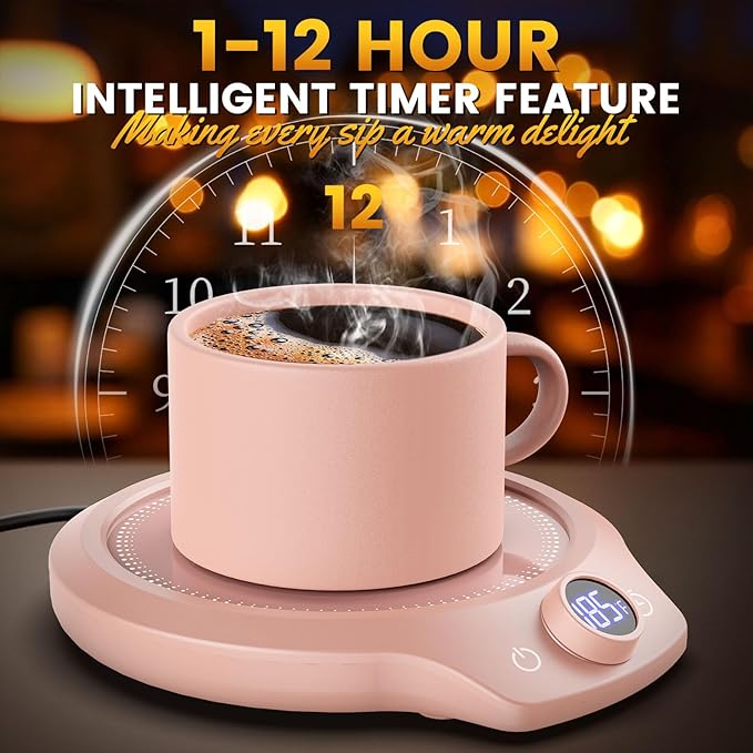 Fast Heating Mug Warmer - 4 Temp Settings & 1-12H Timer, Coffee Cup Warmer Plate for Desk Auto Shut Off, Ideal Beverage Warmer Gift for Coffee, Tea, Milk (Pink)