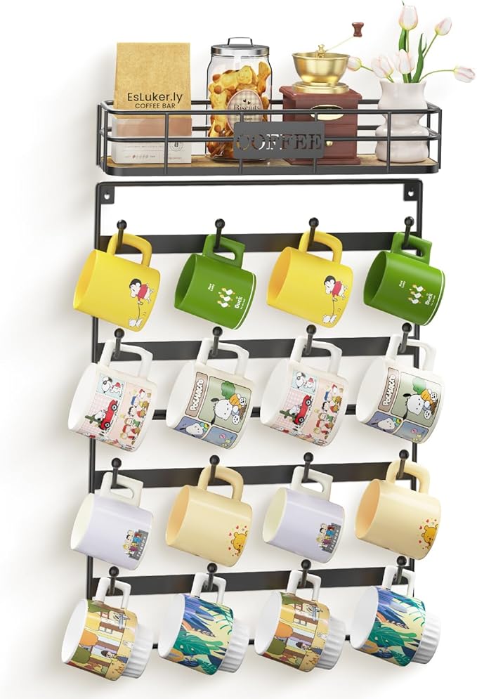 EsLuker.ly Coffee Mug Holder Wall Mounted Display Rack, Black Metal Cup Hanger Organizer with16 Hooks, Wood Rustic Shelf for Coffee Bar Home Kitchen, Space Saving Wall Storage, Black