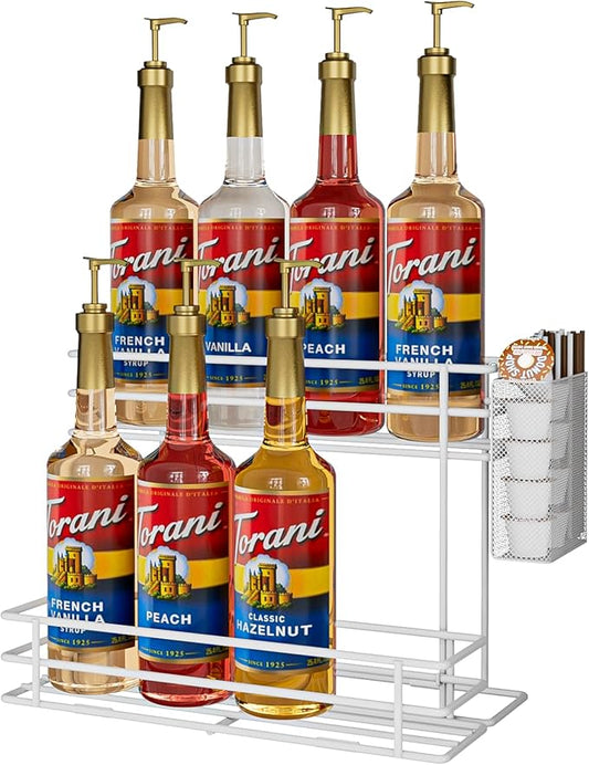 OVICAR Coffee Syrup Organizer Rack - 8 Bottle Holder Stand for Coffee Bar & Station Accessories, 2 Tiers Countertop Storage for Syrup & Wine Dressing, White