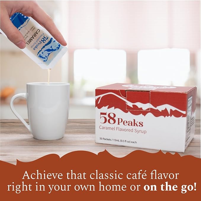 58Peaks Caramel Flavored Syrup Sweetener Packets for Hot and Cold Drinks | To-Go Syrup Flavoring Perfect for Coffee, Tea, Milkshake and More | Flavored Coffee Syrups for Travel | 15mL | 50-Pack