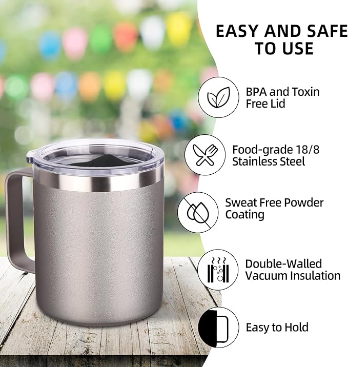 Volhoply 14oz Insulated Stainless Steel Coffee Mug with Lid Bulk 4 Pack,Double Wall Vacuum Travel Coffee Cup with Handle,Reusable Cups Tumbler Cup,Camping Mugs Keep Hot,Ideal Gifts(Gray,4 Set)