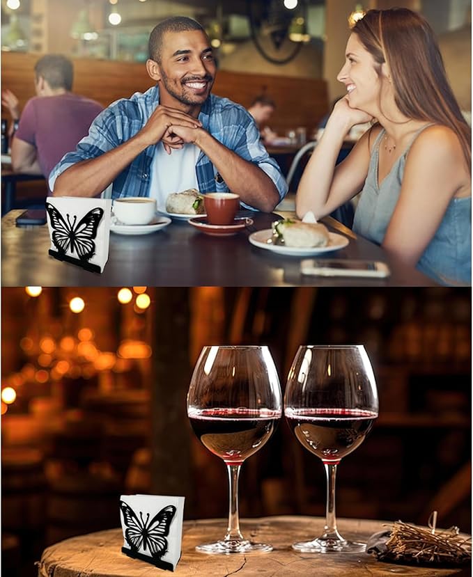 Butterfly Napkin Holder Set – 2 Pack Metal Stand for Everyday & Cocktail Napkins | Modern Black Decorative Coffee Filter Holder for Kitchen, Coffee Bar, Party, Dining Table & Gift
