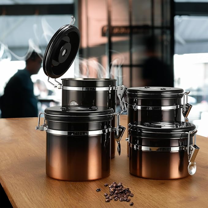 Coffee Canister, Airtight Coffee Container with Date Tracker Lid, Stainless Steel Canister for Kitchen Food Storage (Black-Copper, 22oz)