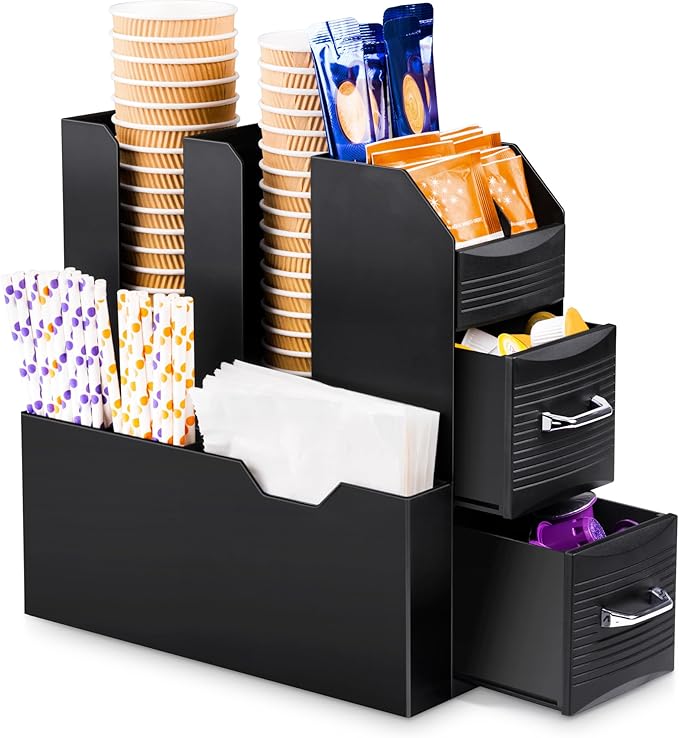 SZQINJI Coffee Condiment Organizer 11-Compartment Breakroom Coffee Station Organizer Countertop Cup Storage with 2 Drawers Black
