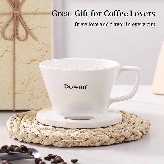 DOWAN Pour Over Coffee Maker, Non-Electric Pour Over Coffee Dripper with Open Base Design, Manual Brew Maker, Single Cups Porcelain Slow Brewing Accessories for Gifts, White