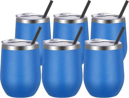 VEGOND Wine Tumblers Bulk 6 Pack, 12oz Stainless Steel Stemless Wine Glass with Lids and Straws, Double Wall Vacuum Insulated Tumbler Cup, Coffee Mug for Cold Hot Drinks