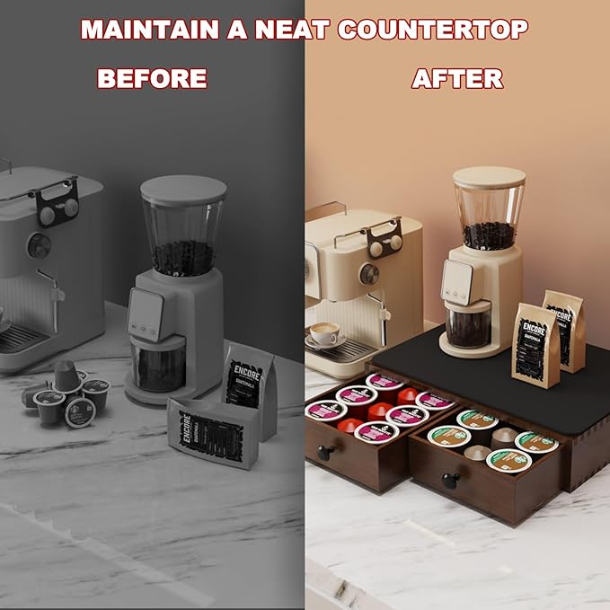 K Cup Holder, Wooden K Cup Organizer Box for Counter, Tea and Coffee Pod Storage Drawer Coffee Maker Stand, 30 Pod Capacity, Walnut Black