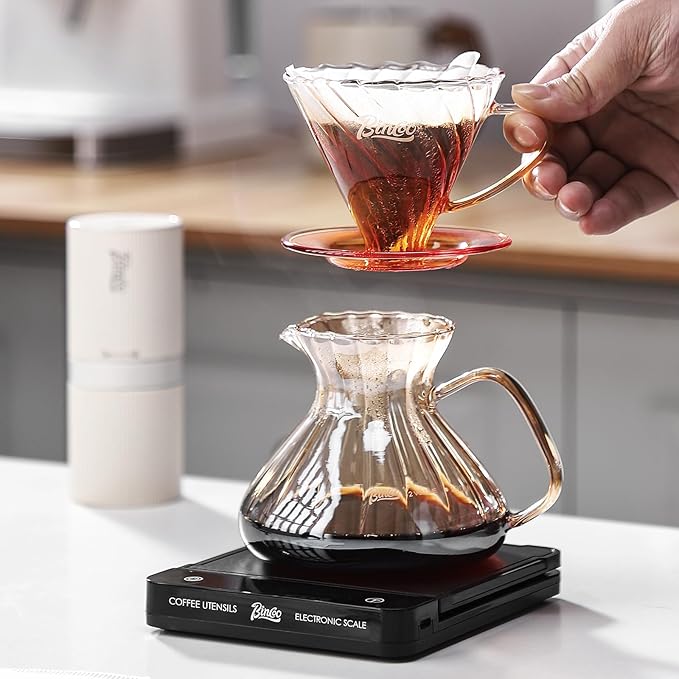 Bincoo Pour Over Coffee Maker Set,650ML Borosilicate Glass Carafe with Coffee Driper&50pcs Paper Filter,Glass Coffee Maker for Home Café Restaurant(Champagne)